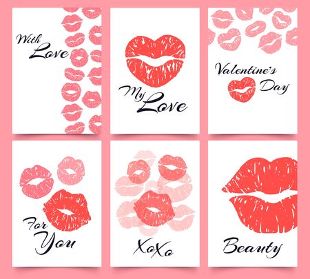 Lips prints. Card with love, Valentines day and fashion kiss print cards vector illustration set. attractive female sexy mouth imprintsのイラスト素材
