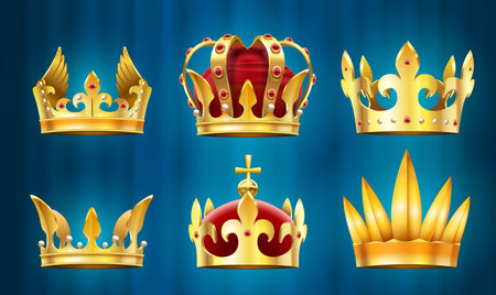 Realistic royal crown. King jewels, monarchs crowns with gems stones vector set. Collection of golden headgears and coronets decorated by pearls, precious stones. Bundle of elegant monarchy regalia.のイラスト素材