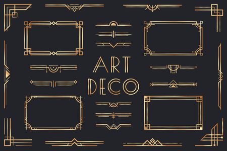 Illustration for Golden art deco elements. Ornamental frame, retro 1920s divider border and decorative gold corner vector set. Collection of fancy luxury metallic decorations, geometric ornaments in vintage style. - Royalty Free Image