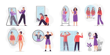 People looking at mirror reflection. Self-assessment and personal appearance vector illustration. Concept of evaluation of attractiveness, body dysmorphic disorder, transsexuality, self-examination.のイラスト素材