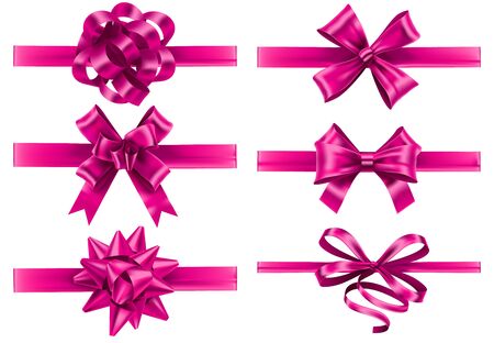 Realistic pink ribbons with bows. Festive wrapping bow, pinks silk ribbon and valentines day gifts decoration vector set. Bundle of decorative silk tapes for present packaging. Set of tied strips.のイラスト素材