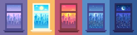Daytime city landscape in window. Change of time of day, night city view from window and cityscape in frame vector illustration set. Modern urban panoramas with skyscrapers seen from inside building.のイラスト素材