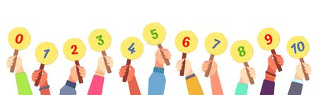 Scorecard in hand. Contest judge hold in hands voting card, voting numbers and scare cards vector illustration. Competition judging process, customer review feedback conceptのイラスト素材