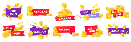Jackpot and big win labels. Winner congratulations banner, money prize and casino prizes label vector set. Illustration jackpot win, casino game emblem with golden coinsのイラスト素材