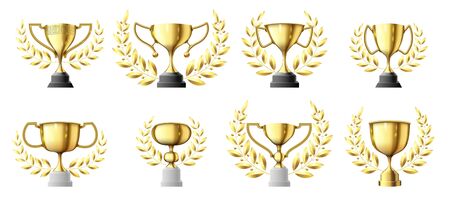 Gold trophy cups. Golden winners trophy with laurel wreath, champion cup realistic vector illustration set. Collection of goblet award with curve branch wreathのイラスト素材