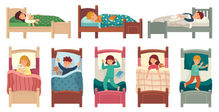 Kids sleeping in beds. Child sleeps in bed on pillow, young boy and girl asleep. Bedtime vector illustration set kids boy and girl, teen various sleeping pose in bed, lying and relaxのイラスト素材