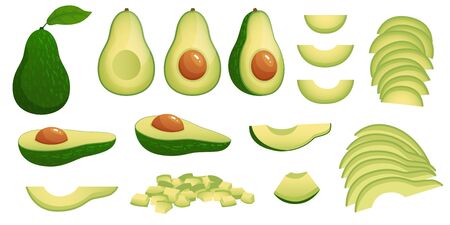 Cartoon avocado. Ripe avocados fruits, healthy nutritious natural food and avocado slices vector illustration set. Avocado green, tropical healthy nutrition, health food exoticのイラスト素材