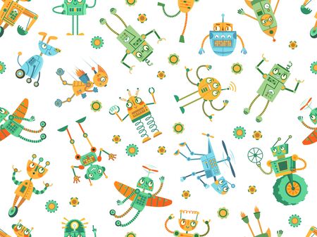 Seamless robots pattern. Robot rocket, colorful robotic dog and programming robots for kids vector illustration. Cyborg mechanical seamless pattern, robot machineのイラスト素材
