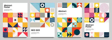 Color neo geo poster. Modern grid flyer with geometric shapes, geometry graphics and abstract background vector set. Geometry grid pattern banner vivid presentation illustrationのイラスト素材