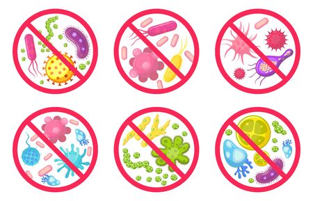 Antiviral and antibacterial icon. Vector icons set. Ban infection and virus, antibacterial symbol collection, no flu and bacterial illustrationのイラスト素材