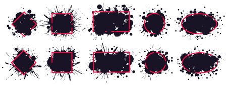 Ink splatter frame. Dirty brush splatted stains, black paintbrush splash frame grunge sprayed inks drips borders vector. Red frame paintbrush, splatted and sprayed, black monochrome drip illustrationのイラスト素材