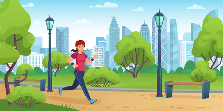 Girl jogging in city park. Active woman run on training, outdoor sport activities and healthy lifestyle cartoon vector illustration. Girl jogging and fitness exercise, woman activity workoutのイラスト素材