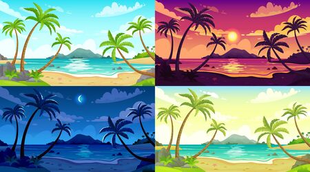 Daytime beach landscape. Sunny day seascape, night ocean and sunset beach cartoon vector illustration set. Beach landscape, outdoor travel scene sea daytimeのイラスト素材