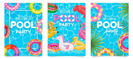 Pool party poster. Welcome to pool party flyer with swimming pool, floating rings and tropical leaves vector set. Pool summer party, poster or banner illustrationのイラスト素材