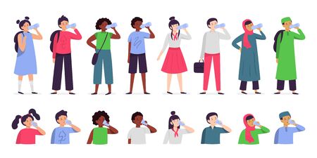 Kids drink water. Multiethnic childrens drinks drinking water from bottle and glass. Water for kid vector illustration set. Children drink water, liquid and freshness aquaのイラスト素材