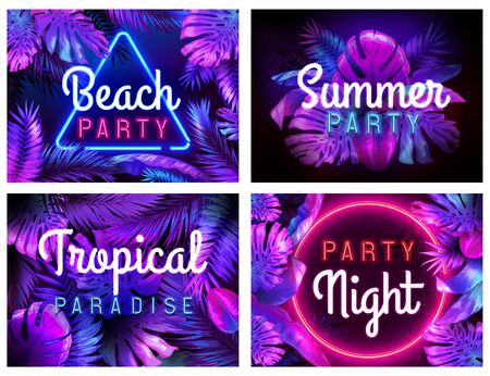 Neon beach party poster. Tropical paradise, summer partying night and bright neon color leaves vector illustration set. Tropical party beach, neon frame placardのイラスト素材