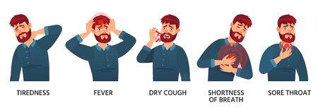 Covid-19 symptoms male, tiredness, fever and dry cough. Vector respiratory symptom coronavirus, sore throat and headache, dangerous disease illustrationのイラスト素材