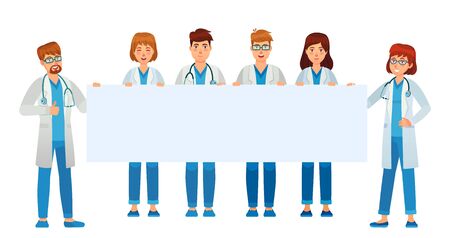 Doctors holding empty banner. Medical staff and doctors hold poster blank, professional clinic show and presentation. Vector illustrationのイラスト素材