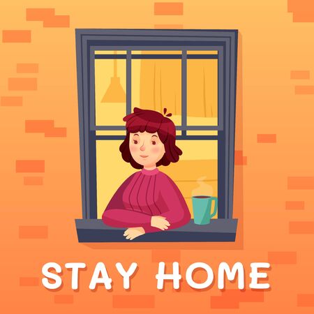 Stay home card. Girl self isolation in room with cup of coffee, facade window, quarantine at apartment against covid-19. Vector illustrationのイラスト素材