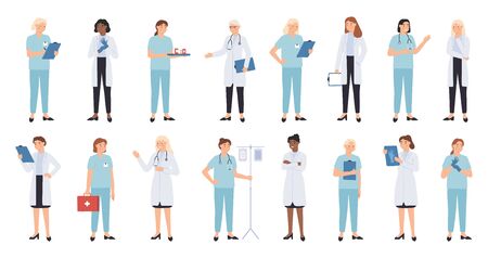 Nurse and doctors. Women doctors team. Medical staff doctor and nurse, medics, professional paramedic vector physician characters. Therapist doctor stethoscope or dropper illustrationのイラスト素材