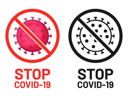 Stop covid-19 symbol, attention outbreak. Stop coronavirus, covid-19 infection, ban virus sign, vector illustration icon,のイラスト素材