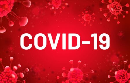 Covid-19 banner with red virus floating. Coronavirus cells, corona influenza and pneumonia pandemic, outbreak epidemic infection, vector illustrationのイラスト素材