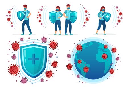 Protect from corona virus. People fight Covid-19, health shield vs virus and coronavirus around world globe vector illustration set. Covid-19 and virus protection, influenza dangerousのイラスト素材