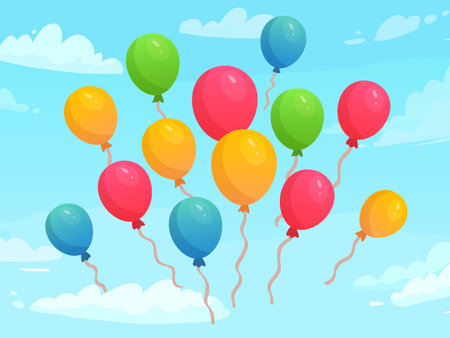 Balloons flying in sky among clouds. Colorful rubber balloons for holiday celebration. Decoration elements for event, birthday or anniversary greeting card, poster cartoon vector illustrationのイラスト素材