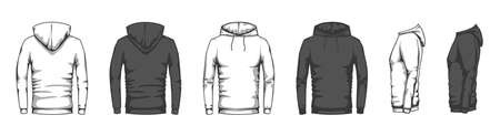 Hoodie mockup. Trendy casual clothes unisex sport merchandise, blank front back side sweatshirt hooded oversized style flat vector set. Black and white sportswear or tracksuit for trainingのイラスト素材