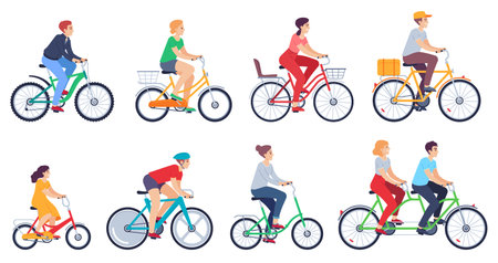 Cycling people. Women, men ride bikes sports outdoor activity, friends riding bicycles race on city street colored cartoon vector set. Characters leading healthy lifestyle, exercising activelyのイラスト素材