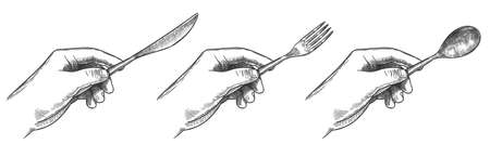 Engraved hands holding cutlery. Hold in hand table knife, spoon and fork for eating food hand drawn vector illustration set. Tableware usage rules concept. Etiquette manners for eating foodのイラスト素材