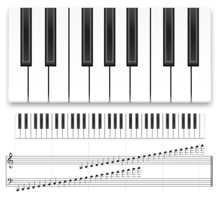 Piano keyboard. Realistic music instrument top view grand piano keyboard or synthesizer and musical notes vector template. Musical creative concept, design for recording studio on white backgroundのイラスト素材