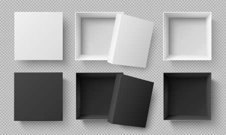 Top view white and black boxes. Realistic 3d cardboard mockup isolated on transparent background. Carton or paper square empty package with open and closed cap. Gift box or container vector setのイラスト素材