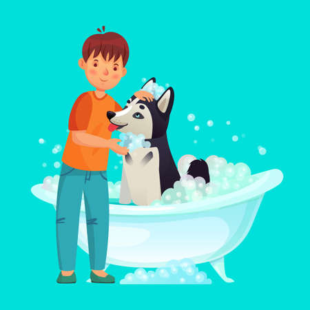 Kid washing dog. Pet wash in bathtub, domestic animal clean, character boy with dog in bathroom, vector illustrationのイラスト素材