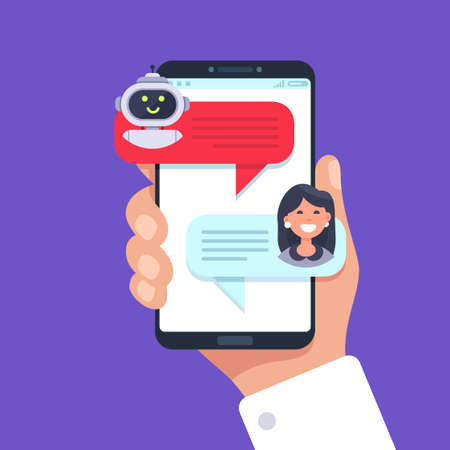 Mobile phone chatting with chat bot. Chat talk mobile, bot conversation online, vector illustration. Assistance connect messengerのイラスト素材
