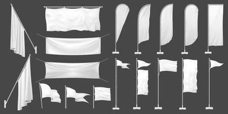 White flags. vector realistic set. Illustration realistic white flag, blank banner frame canvas for advertising, advertisement mockup flagpoleのイラスト素材