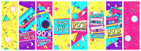 Retro 90s banner. Nineties forever, back to the 90s and pop memphis background banners vector illustration set. Trendy fashion nineties, decoration party 90sのイラスト素材