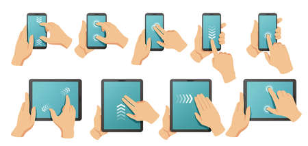 Touchscreen gestures. Hands on smartphone and tablet multi touch screen. Pinch to zoom, swipe and click gesture vector illustration set. Screen touch drag, smartphone gesture move slideのイラスト素材