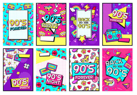 Retro 90s poster. Nineties forever, funky 1990s music night party posters and pop flyer card vector set. 1990s pattern entertainment invitation with cassette and memphis pattern illustrationのイラスト素材