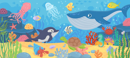 Underwater ocean life. Dolphin, exotic fishes and crab, squid. Bottom seaweeds, sea turtle and marine reef animals. Cartoon vector seascape with reef and sea animal tropical illustrationのイラスト素材