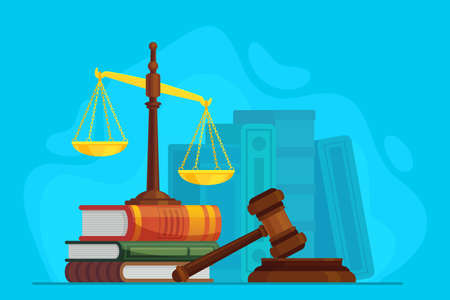 Law and justice. Scale justice and wooden judge gavel, auction symbol, legal law and judiciary, trials judgment, legislation vector concept. Justice legal, court and punishment illustrationのイラスト素材