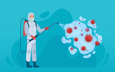 Coronavirus disinfection. Man in protection suit sanitize, clean and kill virus pathogen covid-19 prevent pandemic health risk vector concept. Coronavirus disinfection, virus sanitize illustrationのイラスト素材