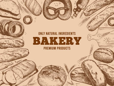 Bakery frame. French baguette, fresh bread and hand drawn baked goods sketch vector poster illustration set. Baguette and bakery, pastry and croissant composition assortmentのイラスト素材