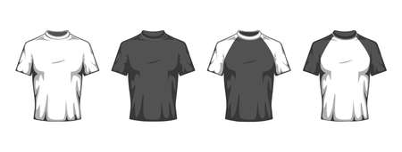 Flat T shirt mockup. Blank white and black t-shirt variants template, advertising casual sport clothes, unisex sport merchandise vector set. Illustration tshirt textile fabric, template blank uniformのイラスト素材