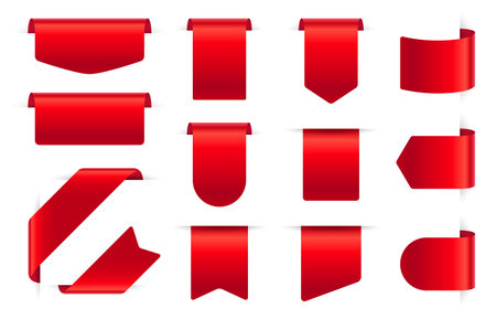 Red silk labels. Blank discount price tags, textile bookmarks. Web ribbons banner, promotion closeout stickers, curved tape vector set. Sale and price, badge and bookmark sticker illustrationのイラスト素材