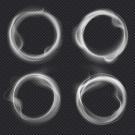 Smoke rings. Abstract realistic vape round symbol. Steam frame after cigarette, pipe or hookah smoking. Puffing, realistic fog flowing in round border isolated on transparent backgroundのイラスト素材
