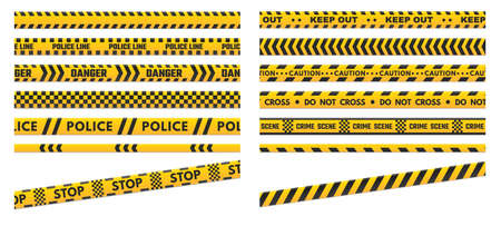 Caution perimeter stripes. Police line for crime scenes or danger. Black and yellow do not cross and keep out warning tapes isolated on white background. Lines for repair work illustrationのイラスト素材