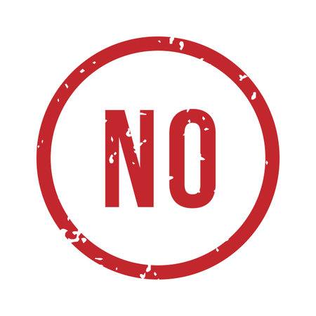 No rubber stamp in circle frame. Denied steal, declined mark for paperwork or document, negative sign for refusal or rejection in round frame with scratches isolated on white vector illustrationのイラスト素材