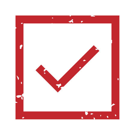 Check mark rubber stamp. Accepted red steal in square frame imprint with scratched texture. Rubber sign with border, approve or verifying element in box isolated on white vector illustrationのイラスト素材