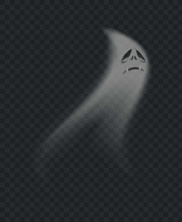 Spooky halloween ghost, realistic scary monster silhouette. Flying phantom with sad face expression. Frightening spirit or ghoul isolated vector illustration. Mysterious character or nightmareのイラスト素材
